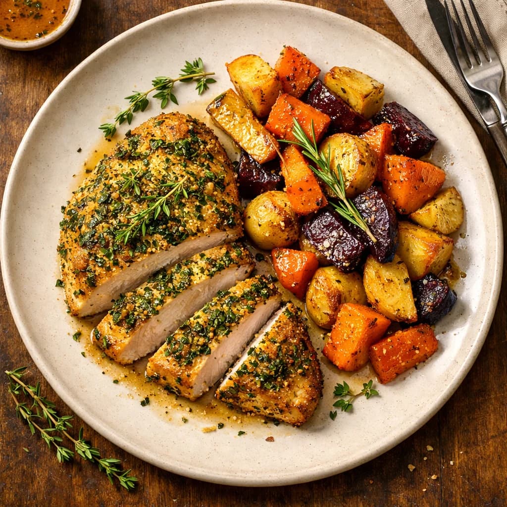 Herb Crusted Chicken with Roasted Root Vegetables recipe