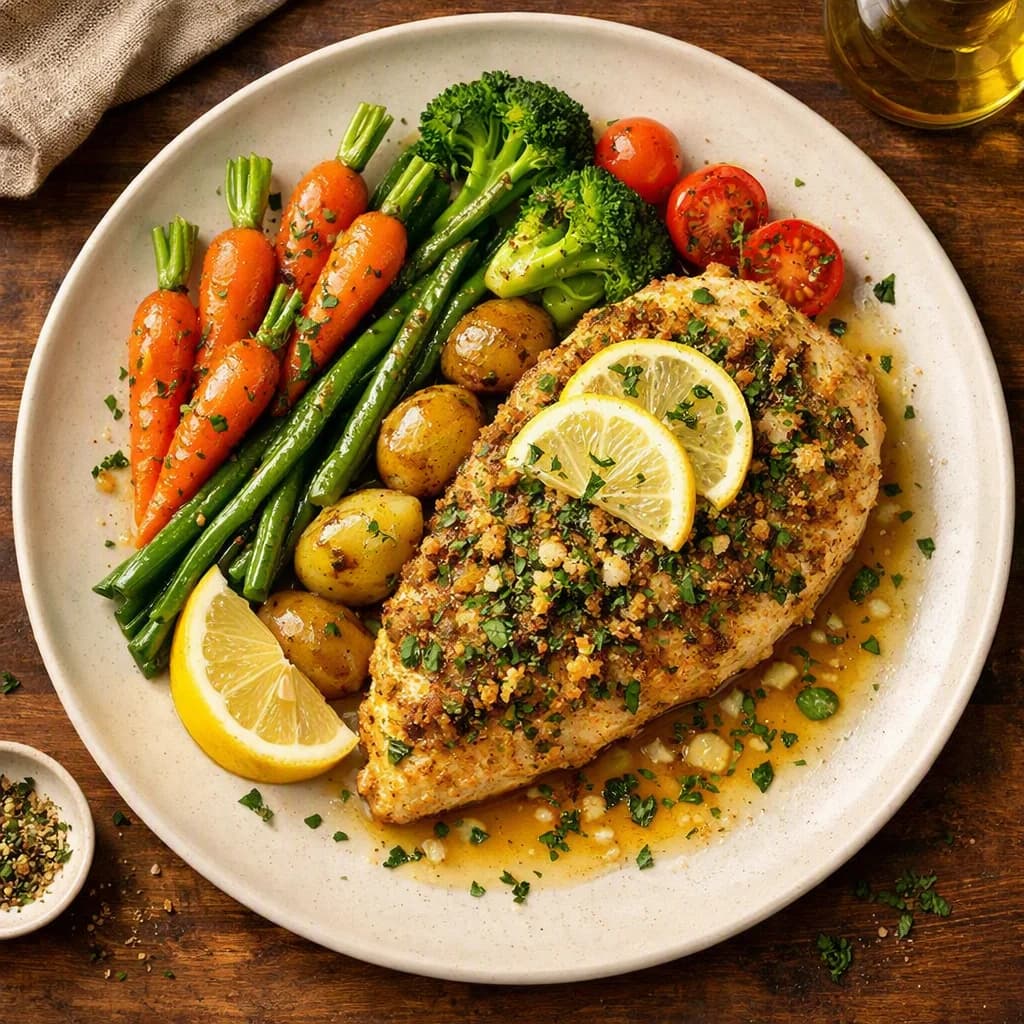 Herb Crusted Lemon Garlic Chicken with Buttered Vegetables recipe