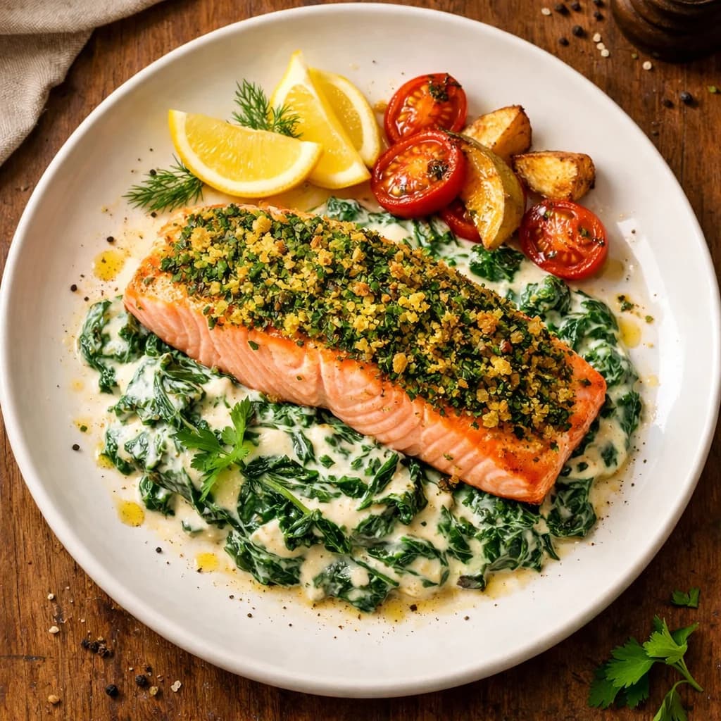 Herb-Crusted Salmon with Creamed Spinach recipe