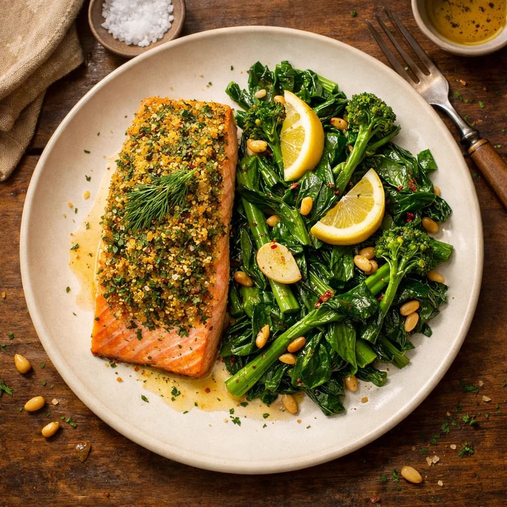 Herb-Crusted Salmon with Lemon Garlic Greens recipe