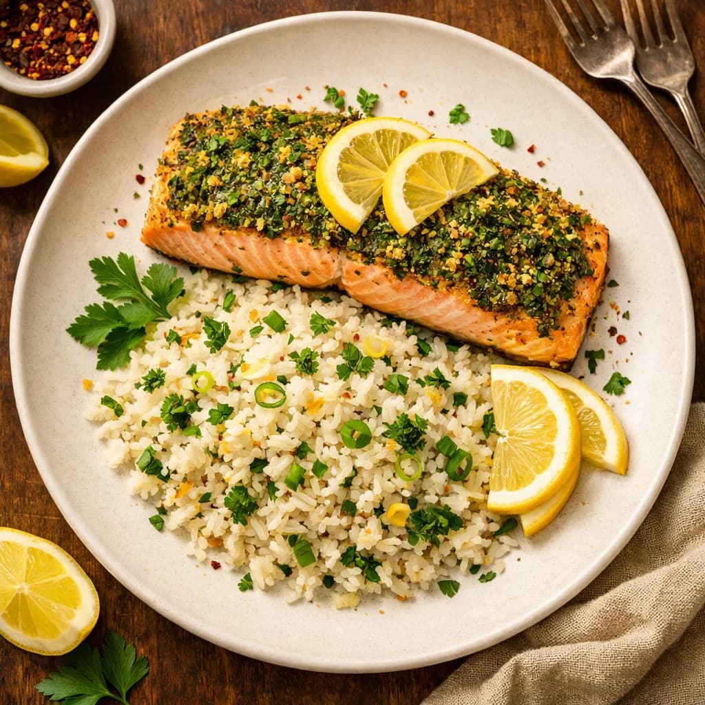 Herb Crusted Salmon with Lemon Garlic Rice recipe