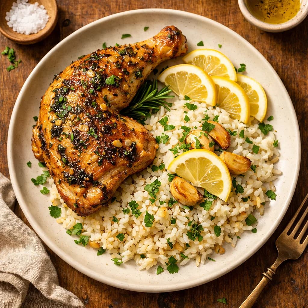 Herb-Roasted Chicken with Lemon Garlic Rice recipe