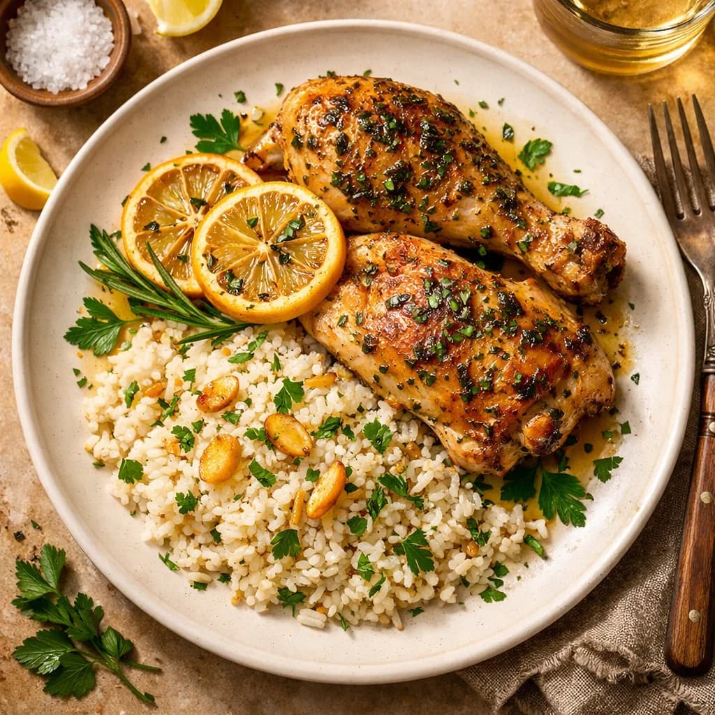 Herb Roasted Lemon Chicken with Garlic Rice recipe