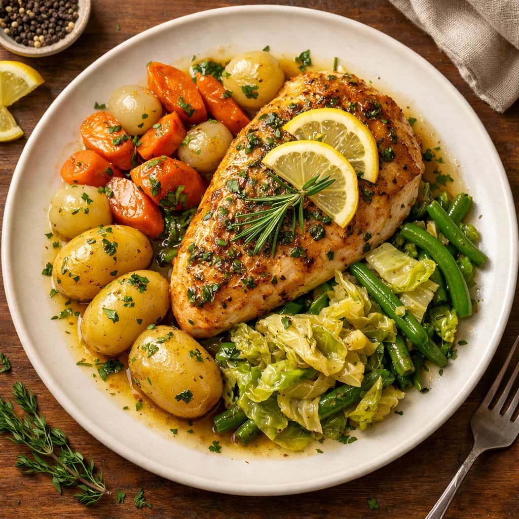 Herbed Lemon Chicken with Braised Vegetables recipe