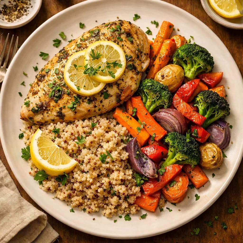 Herbed Lemon Chicken with Quinoa and Roasted Vegetables recipe