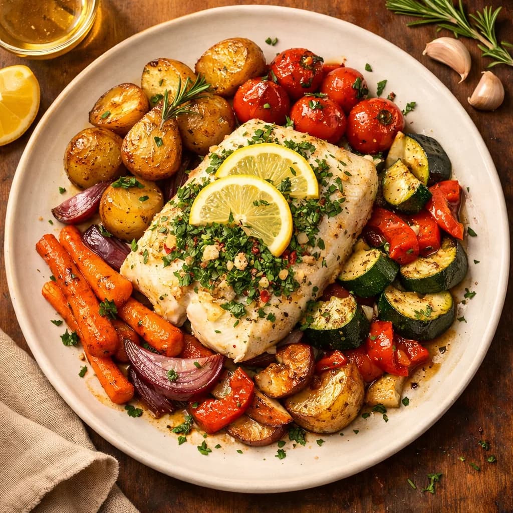 Herbed Lemon Garlic Cod with Roasted Vegetables recipe