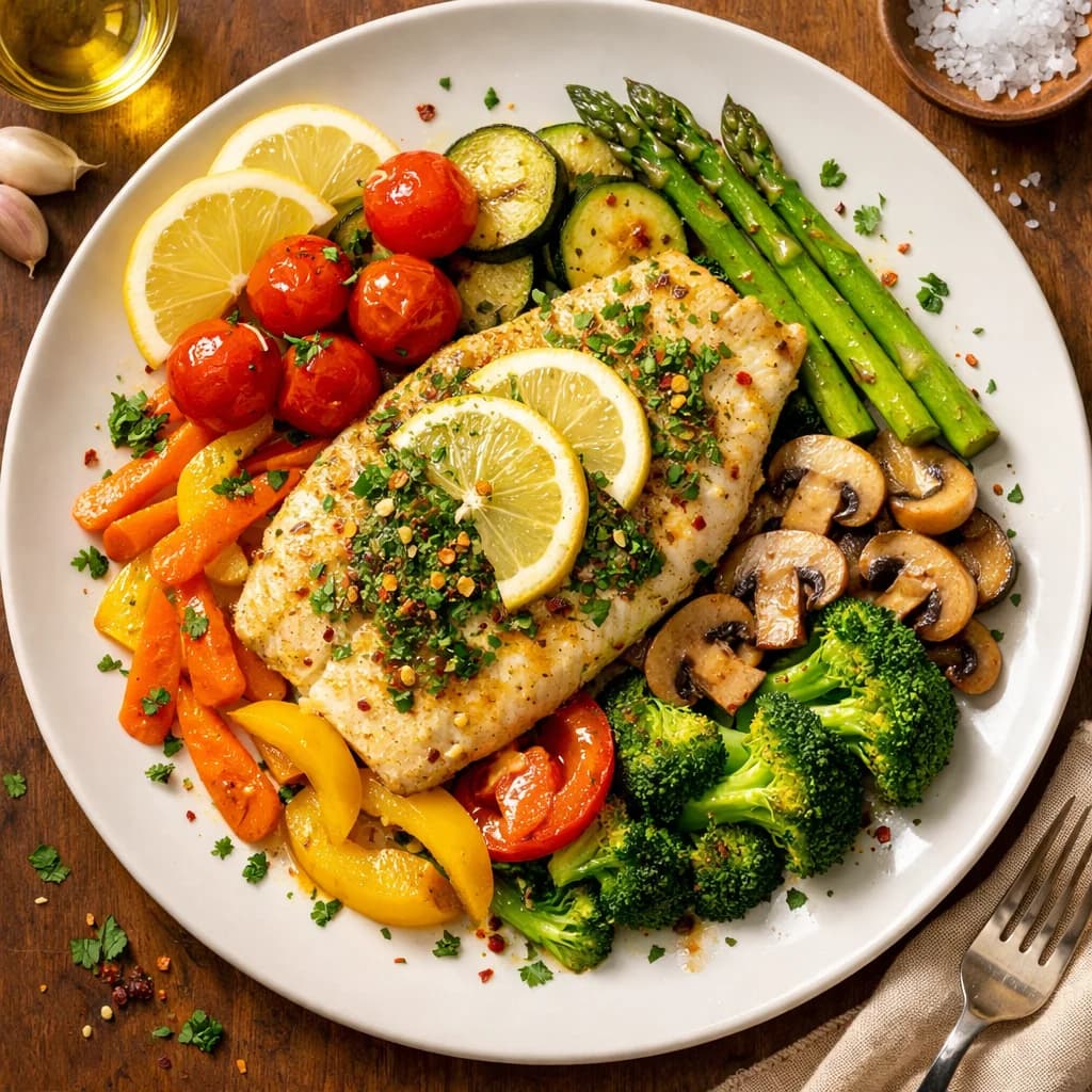 Herbed Lemon Garlic Fish with Sautéed Vegetables recipe