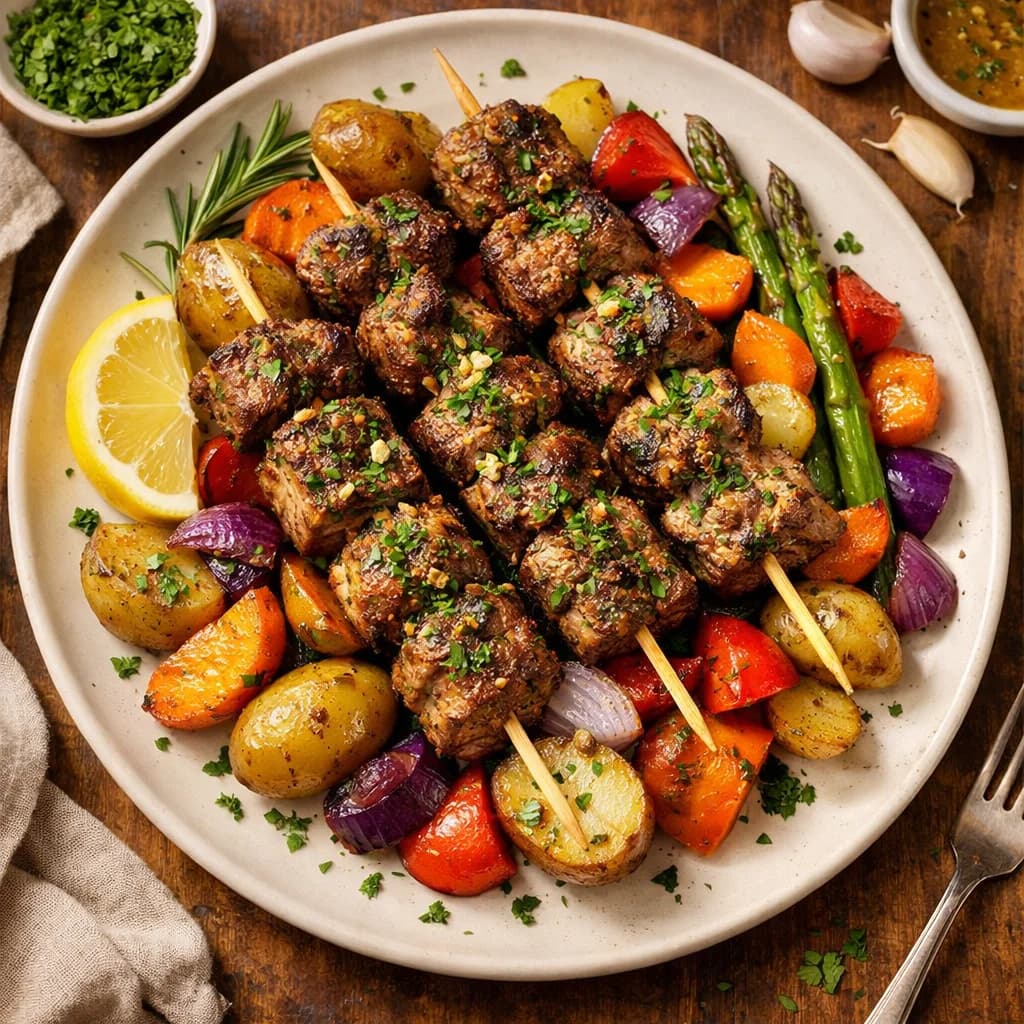 Herbed Lemon Garlic Lamb Skewers with Roasted Vegetables recipe