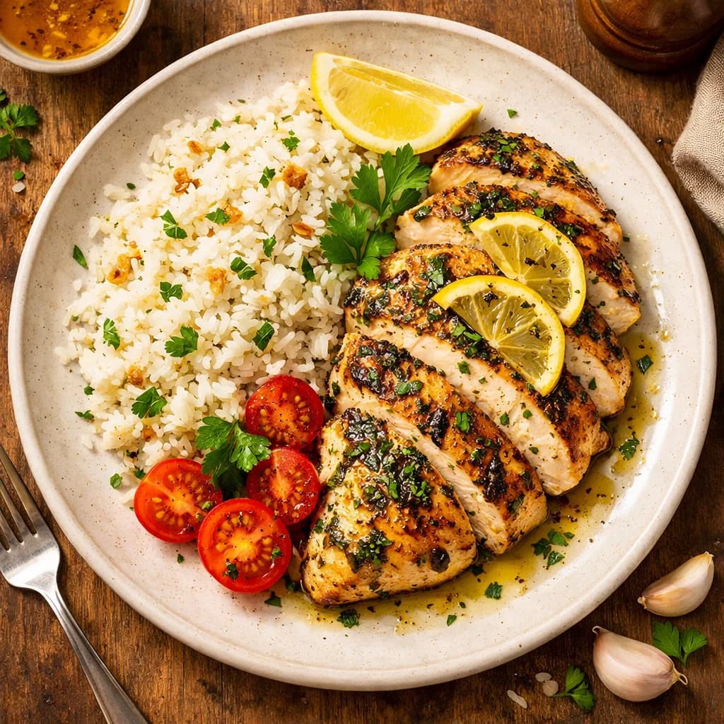 Herbed Lemon Grilled Chicken with Garlic Rice recipe