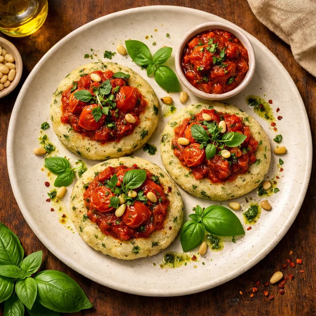 Herbed Rice Flour Pizzettes with Basil Tomato Chutney recipe