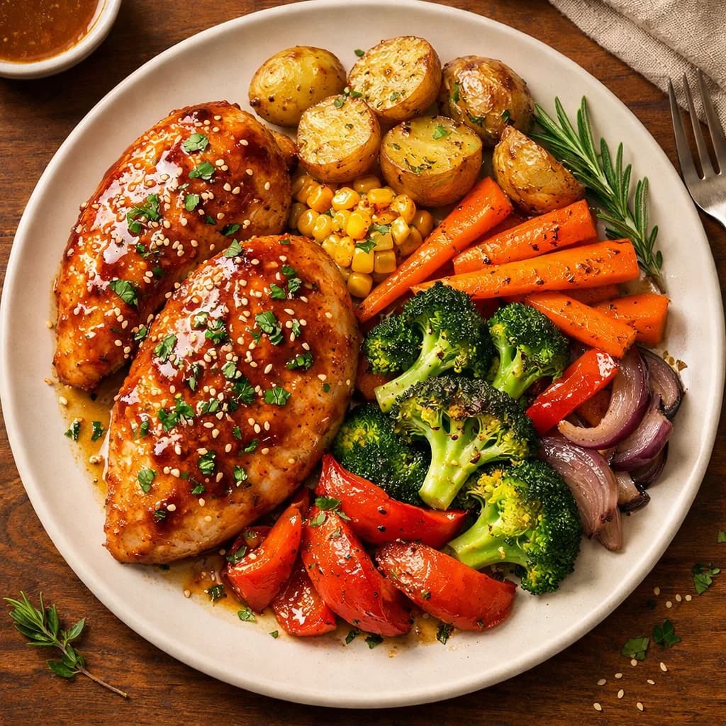 Honey Garlic Chicken with Roasted Veggies recipe