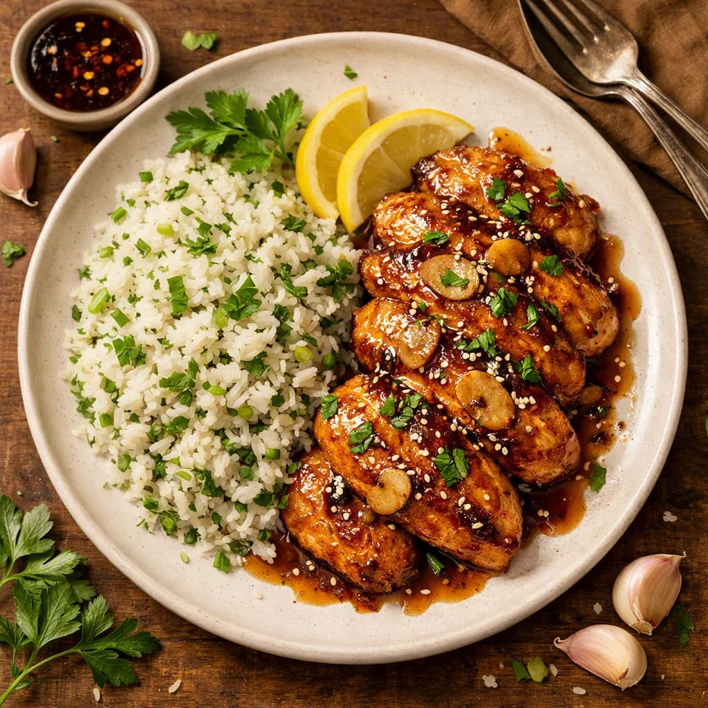 Honey Garlic Glazed Chicken with Herbed Rice recipe