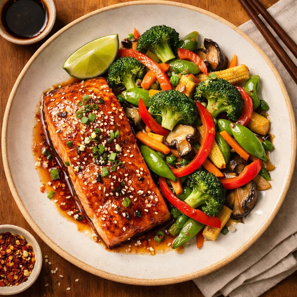 Honey Garlic Glazed Salmon with Stir Fried Vegetables recipe
