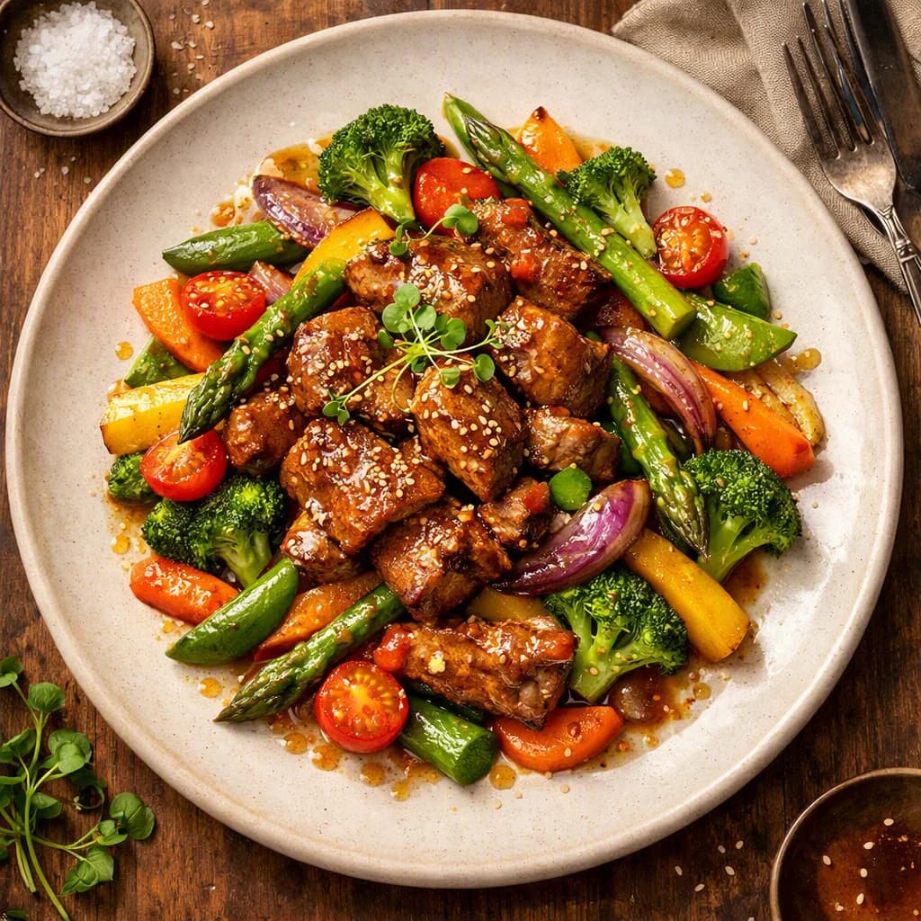 Honey Glazed Lamb Stir Fry with Seasonal Vegetables recipe
