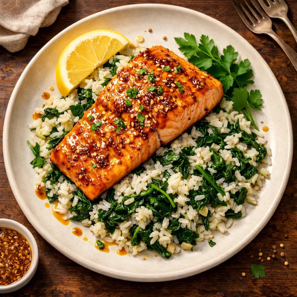Honey Mustard Glazed Salmon with Garlic Spinach Rice recipe