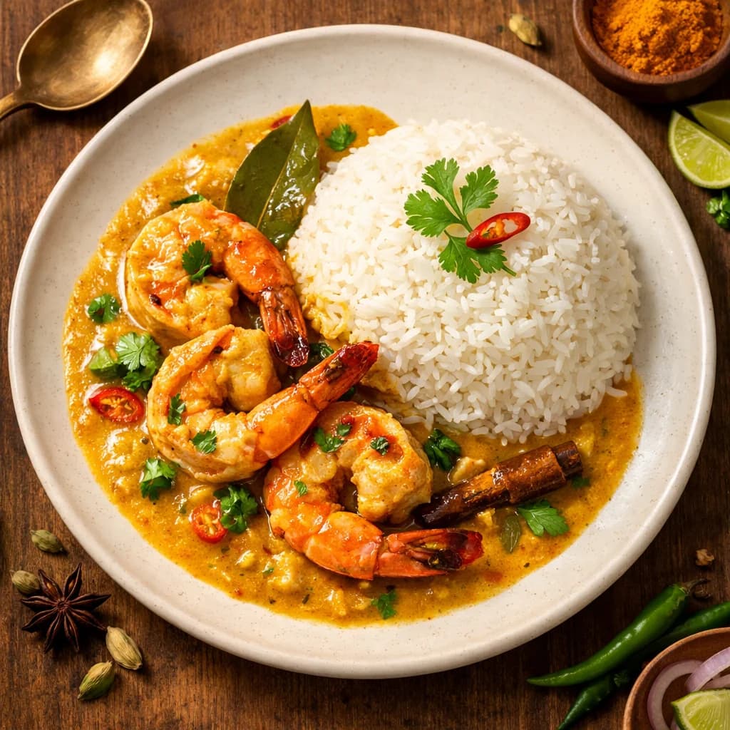 Kolkata-Style Prawn Malai Curry with Steamed Rice recipe