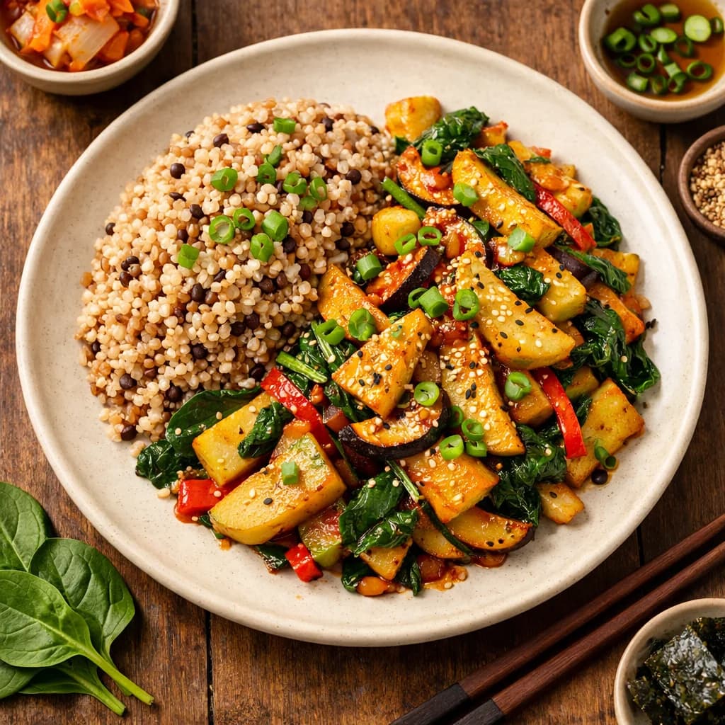 Korean Spiced Chayote Squash Stir Fry with Protein Rice recipe