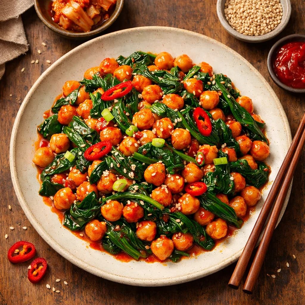 Korean Spicy Chickpea and Spinach Stir-Fry recipe