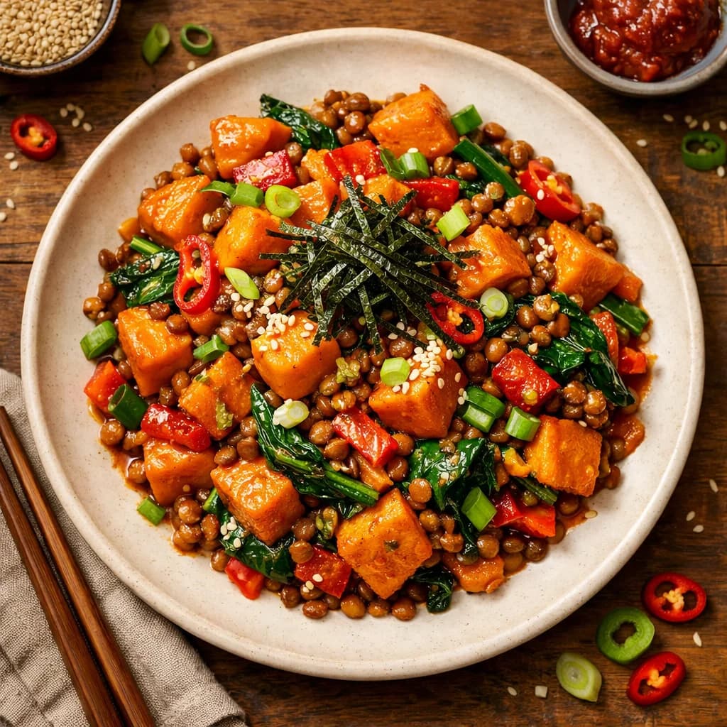 Korean Spicy Lentil and Sweet Potato Stir-Fry recipe