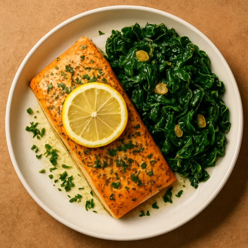 Lemon Herb Baked Salmon with Garlic Spinach recipe