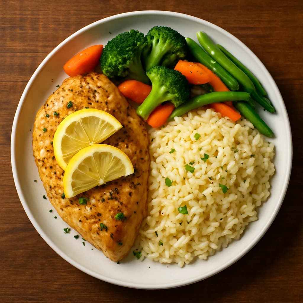 Lemon Herb Chicken with Buttered Rice and Steamed Veg recipe
