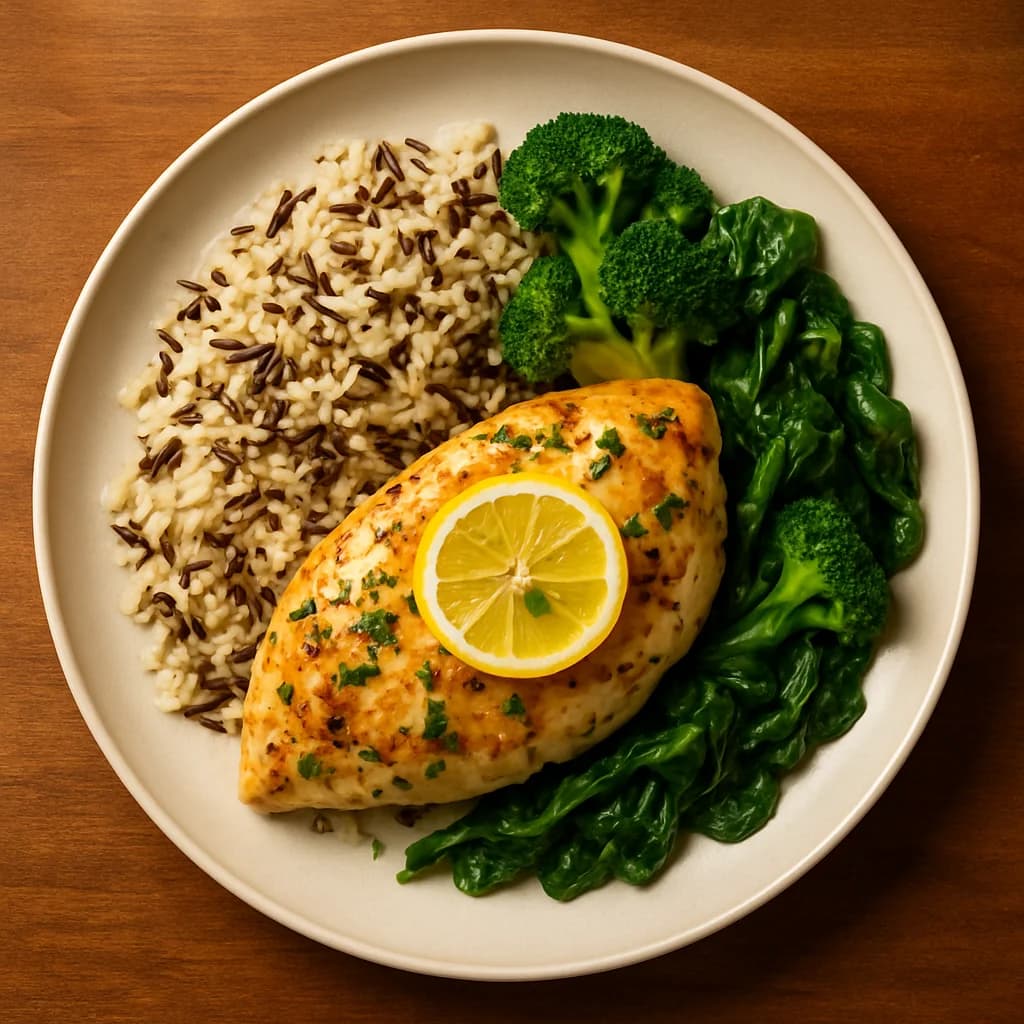 Lemon Herb Chicken with Wild Rice and Seasonal Greens recipe