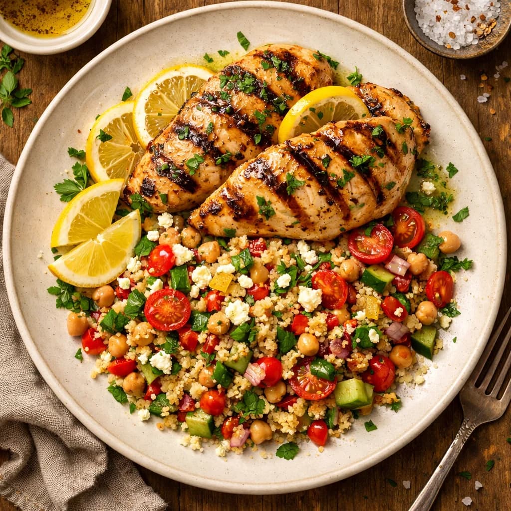 Lemon Herb Grilled Chicken with Spiced Couscous Salad recipe