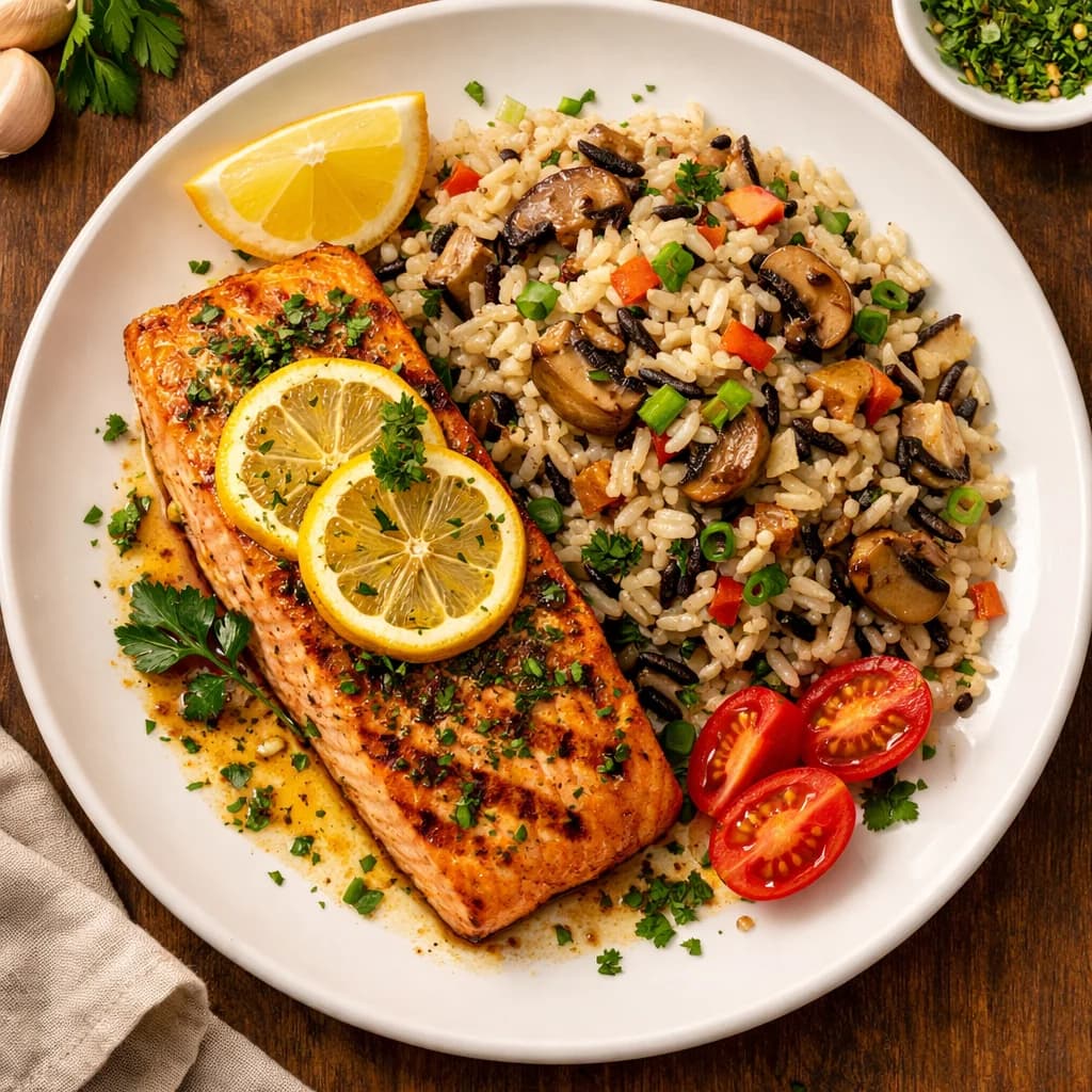 Lemon Herb Grilled Salmon with Wild Rice Pilaf recipe