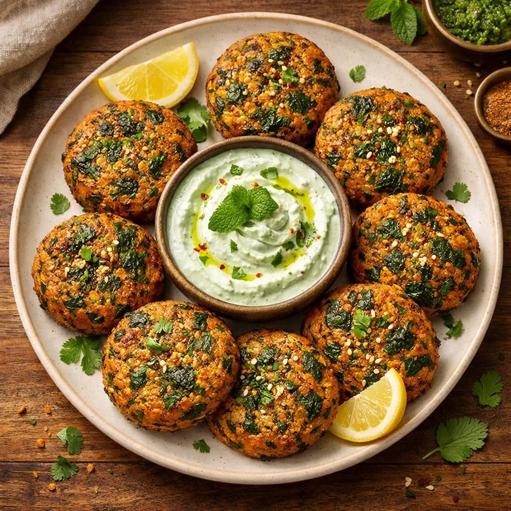Lentil and Spinach Air Fried Patties with Mint Yogurt Dip recipe