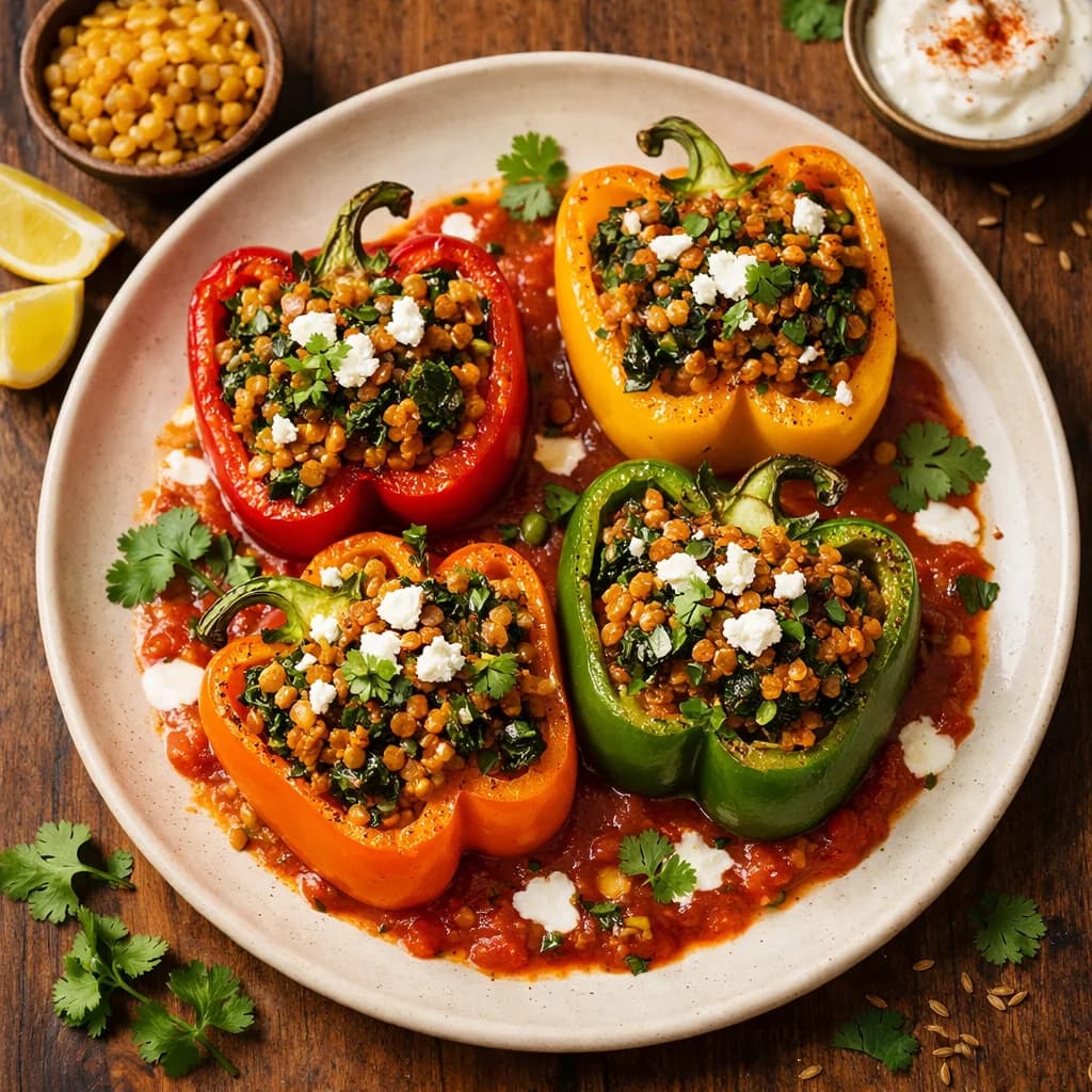 Lentil and Spinach Stuffed Bell Peppers recipe