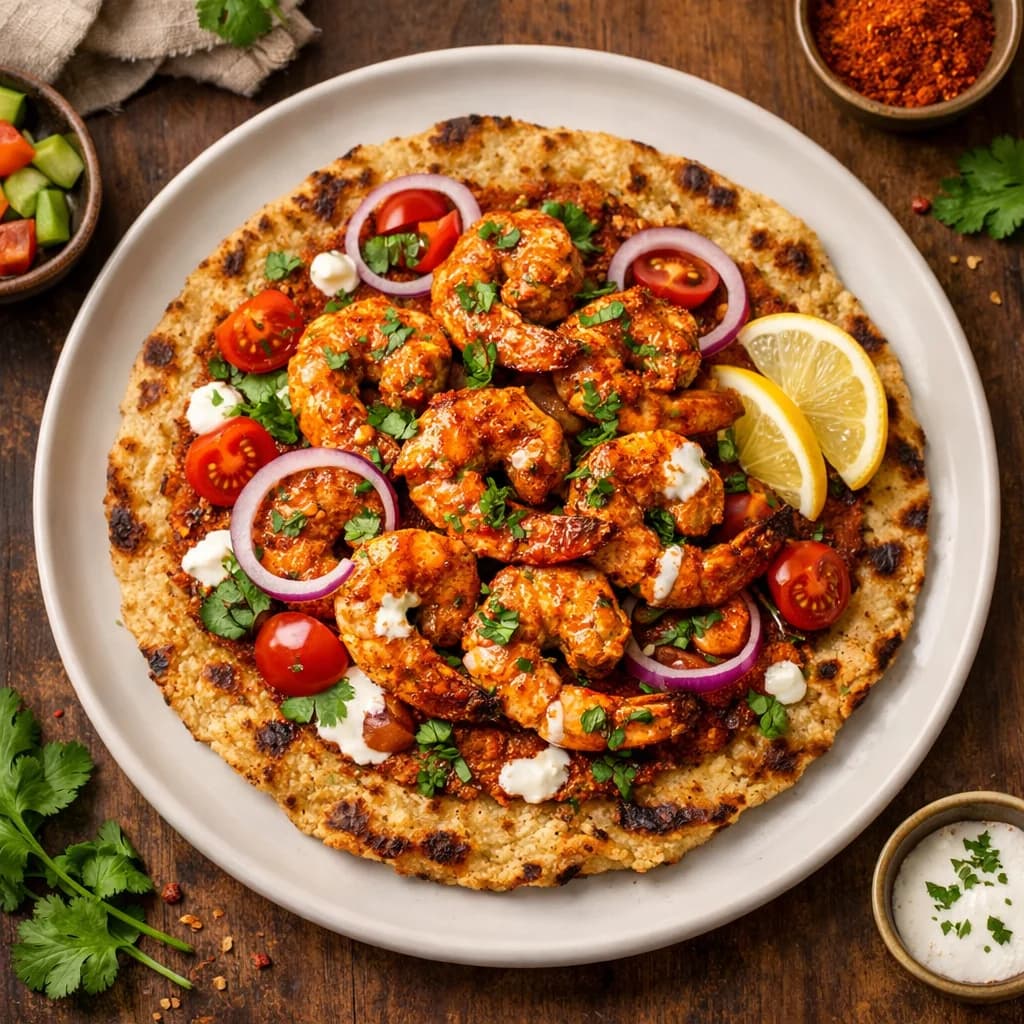 Masala Prawns on Toasted Millet Flatbread recipe