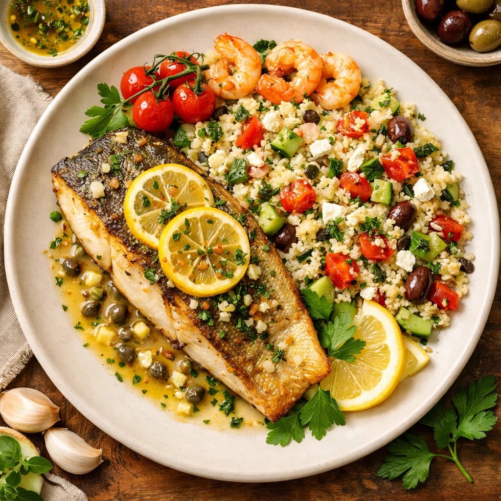 Mediterranean Lemon Garlic Sea Bass with Herbed Couscous recipe