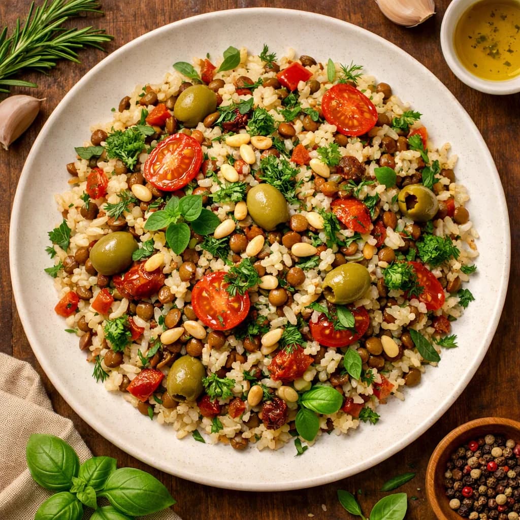 Mediterranean Lentil and Rice Pilaf with Herb Infusion recipe