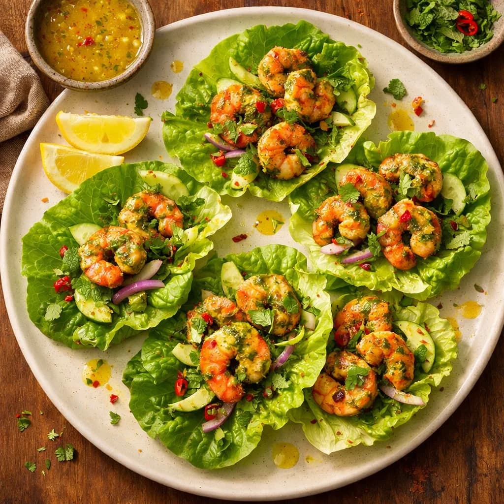 Minty Prawn Lettuce Wraps with Tangy Lemon Drizzle recipe