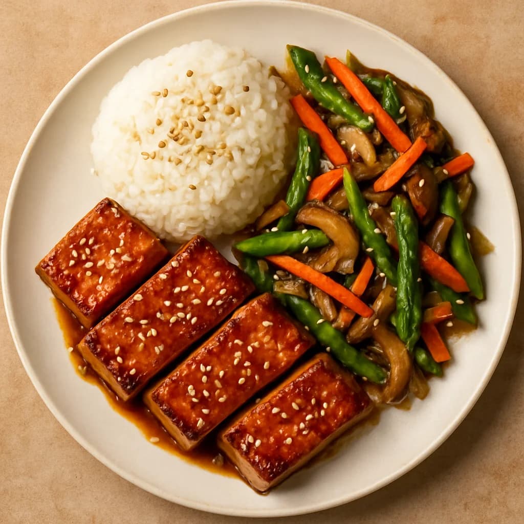 Miso-Glazed Tofu with Sesame Rice and Stir-Fried Vegetables recipe