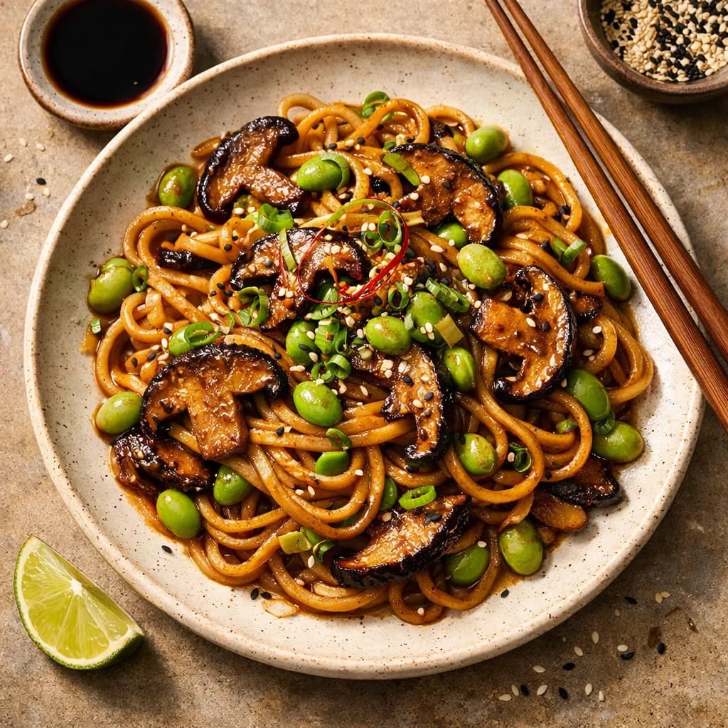 Miso Glazed Edamame and Shiitake Mushroom Noodles recipe