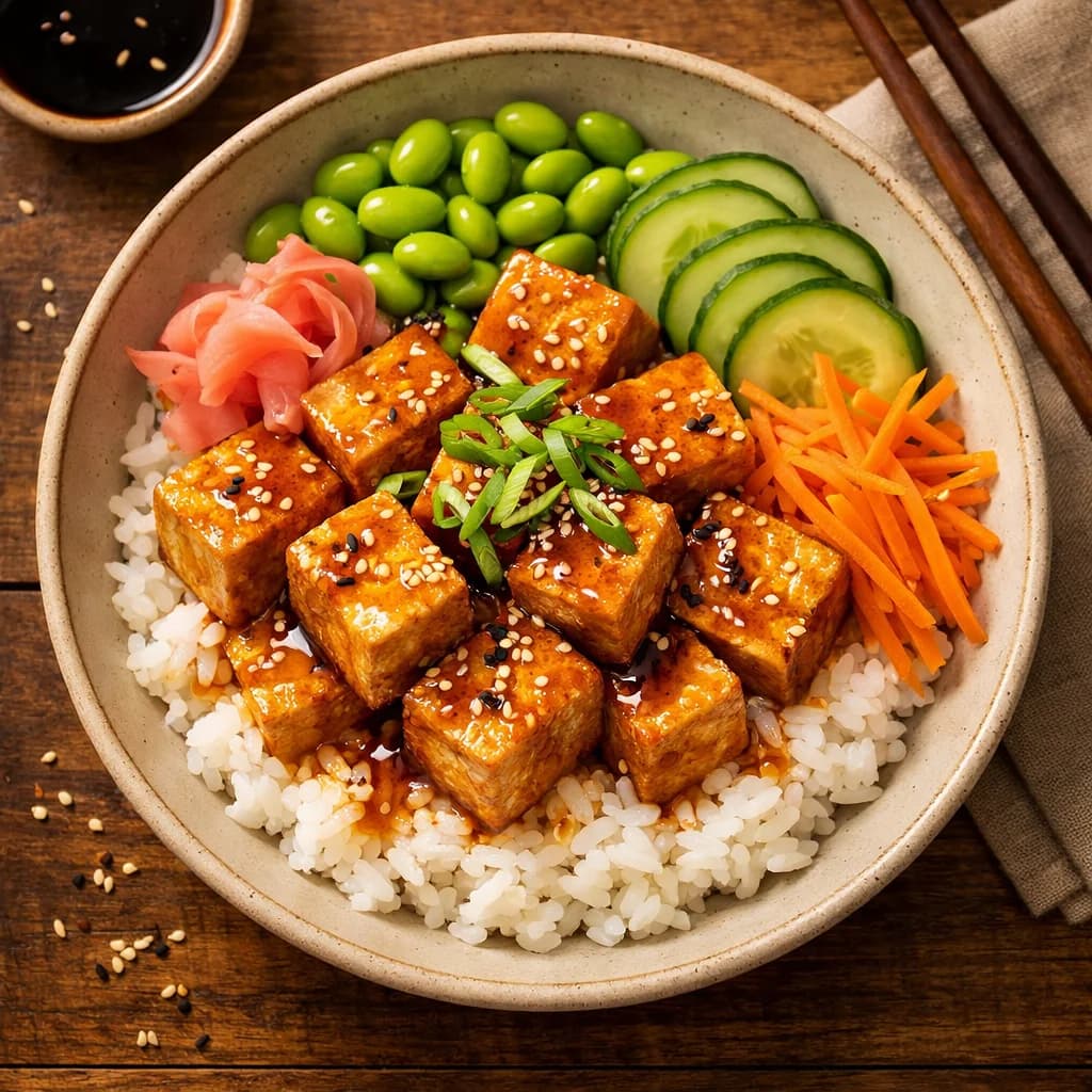 Miso Glazed Tofu Rice Bowl recipe
