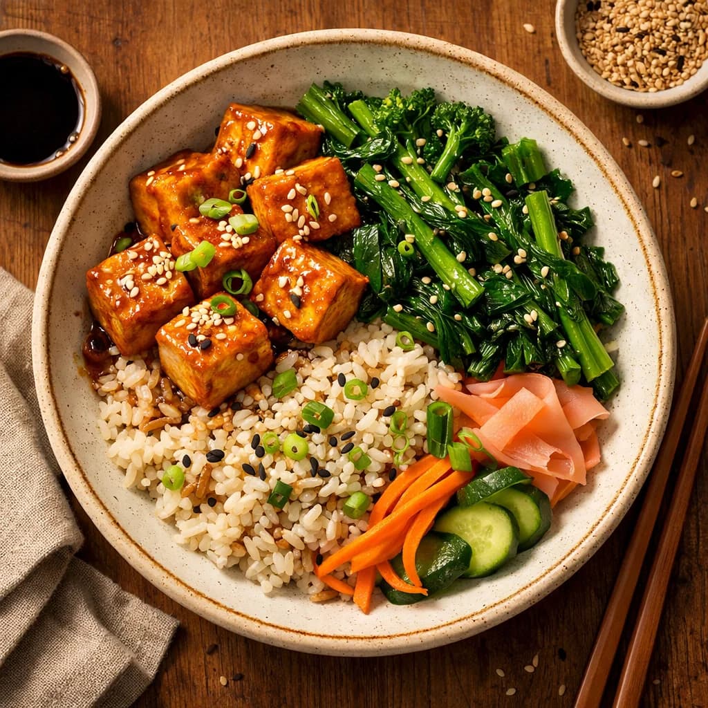 Miso Tofu Rice Bowl with Sesame Greens recipe