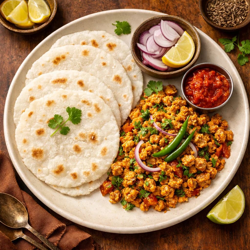 Mumbai Style Chicken Bhurji with Rice Flour Rotis recipe