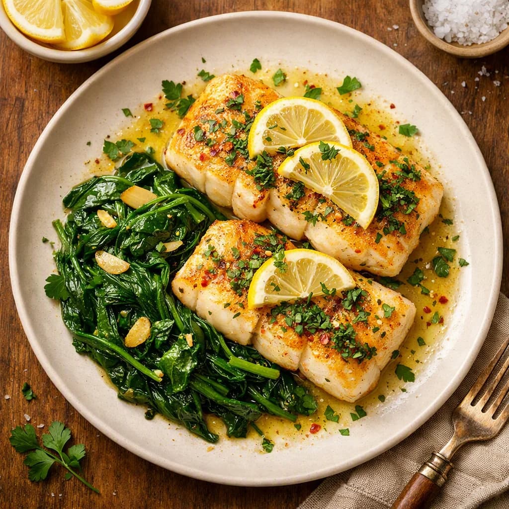 Pan Seared Lemon Herb Cod with Garlic Spinach recipe