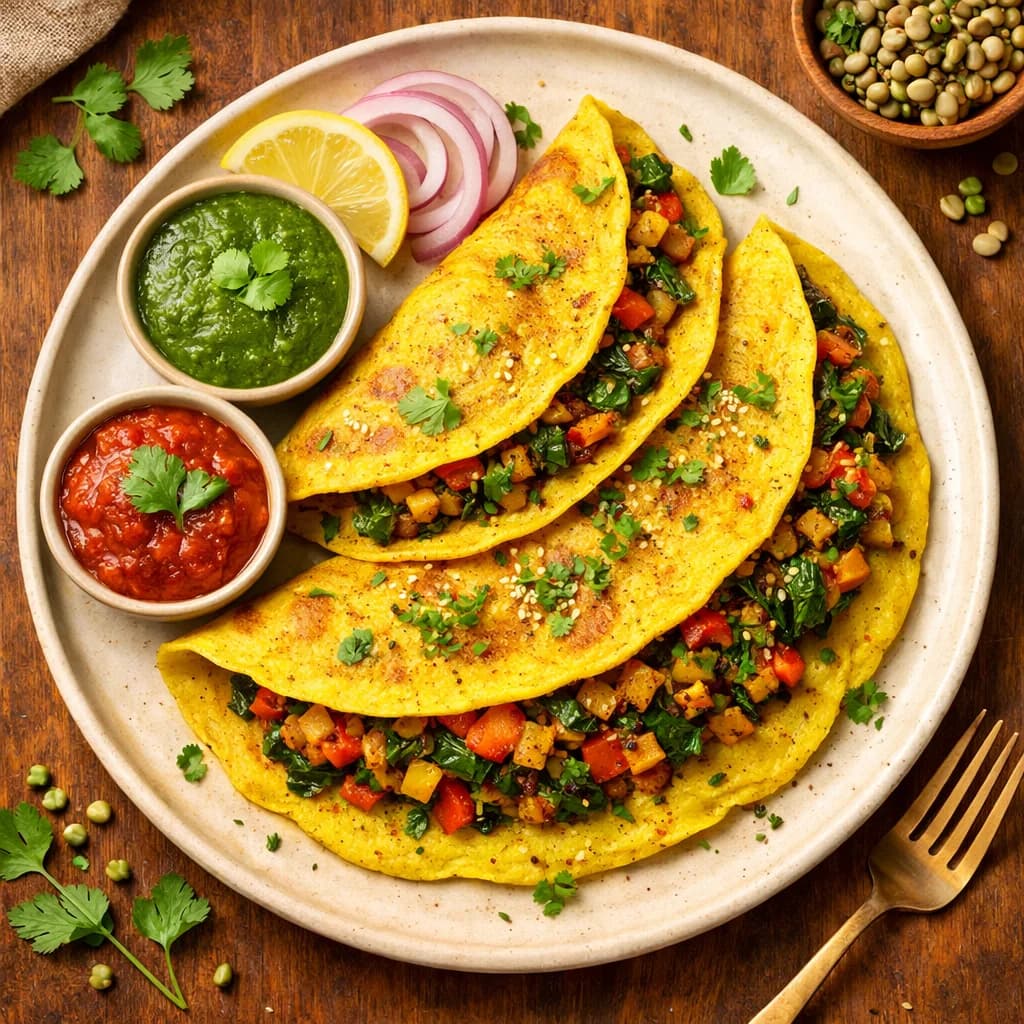 Protein Packed Moong Dal Cheela with Spiced Vegetable Filling recipe