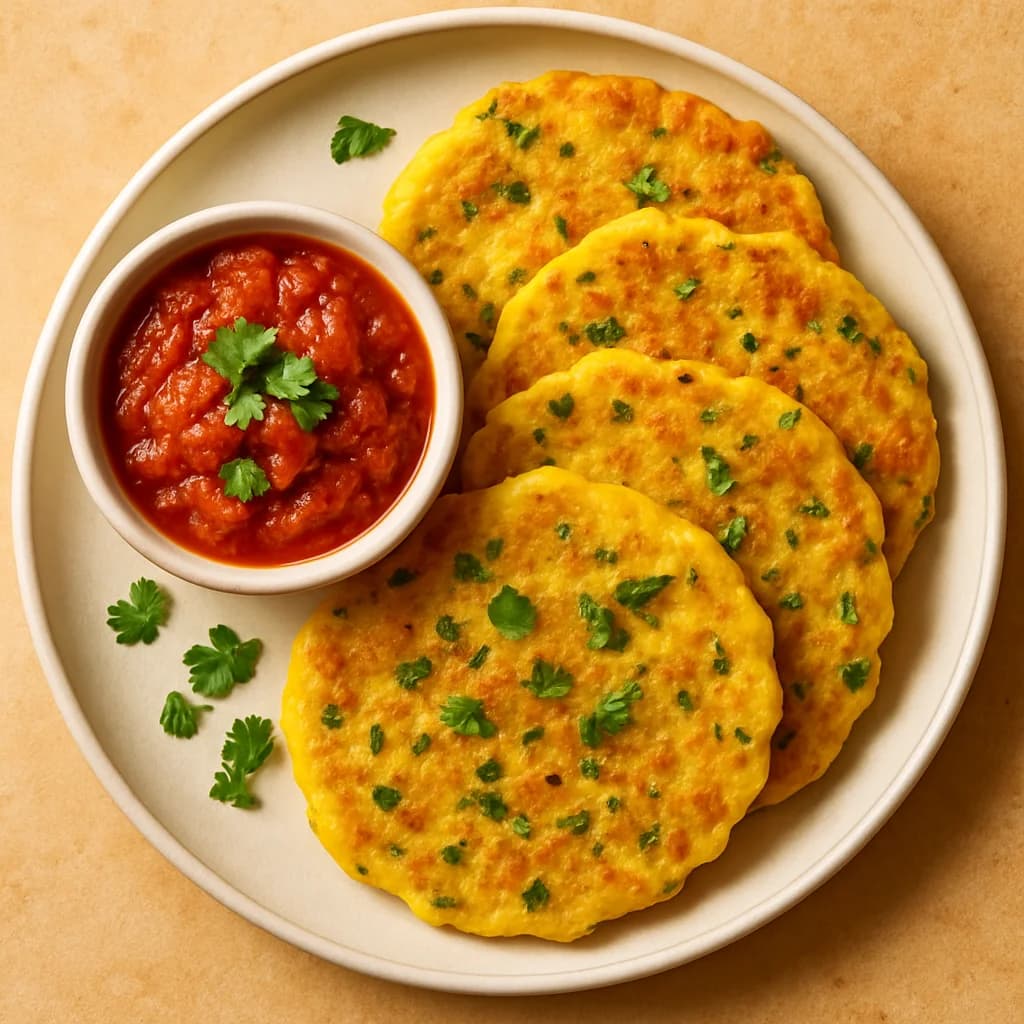 Protein Packed Moong Dal Pancakes with Spiced Tomato Chutney recipe