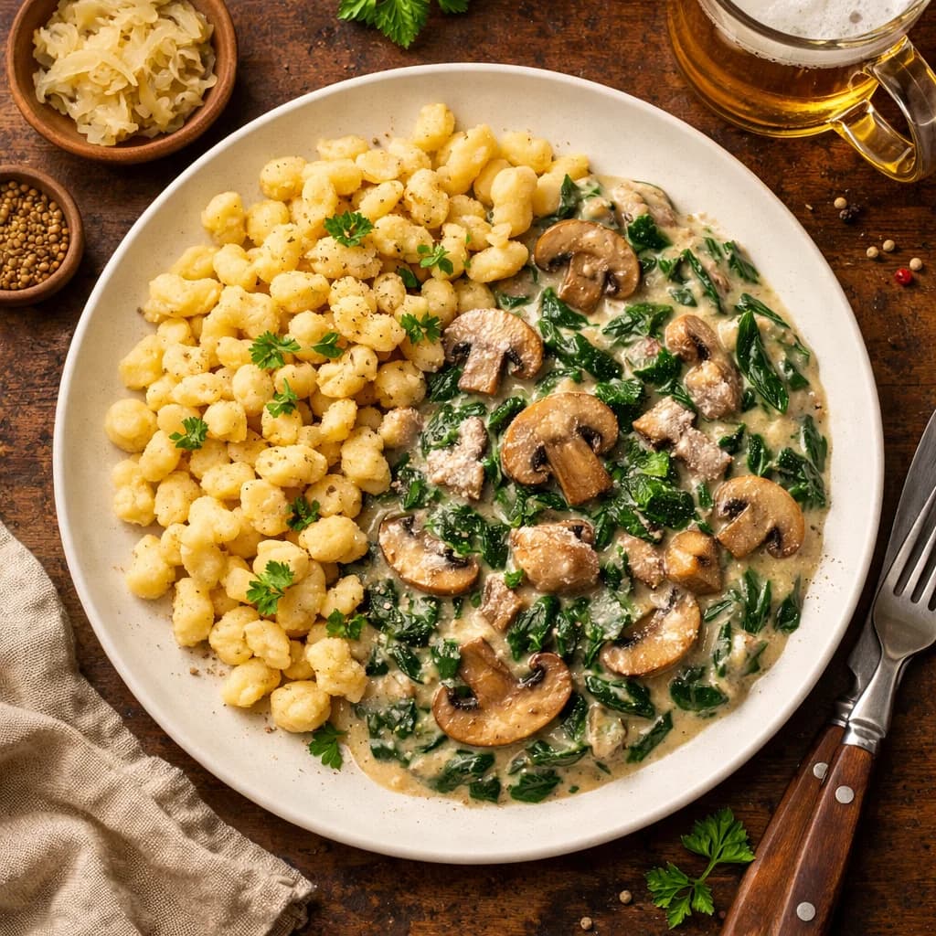 Protein-Packed Spätzle with Spinach and Mushroom Sauce recipe