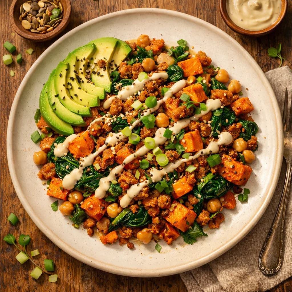 Protein Packed Sweet Potato and Soy Mince Hash recipe