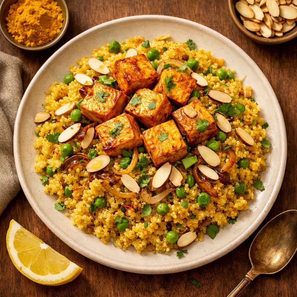 Saffron Quinoa Pilaf with Spiced Tofu and Almonds recipe