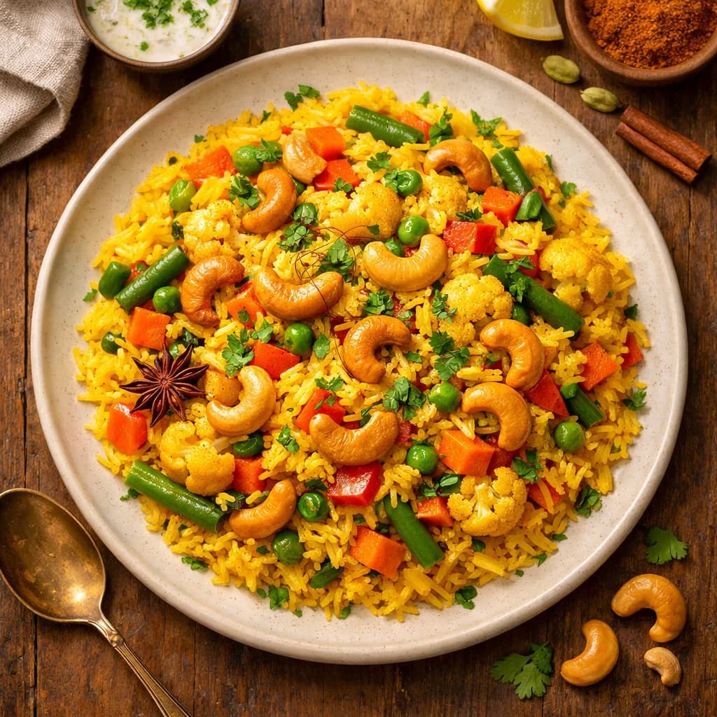 Saffron Vegetable Pulao with Roasted Cashews recipe
