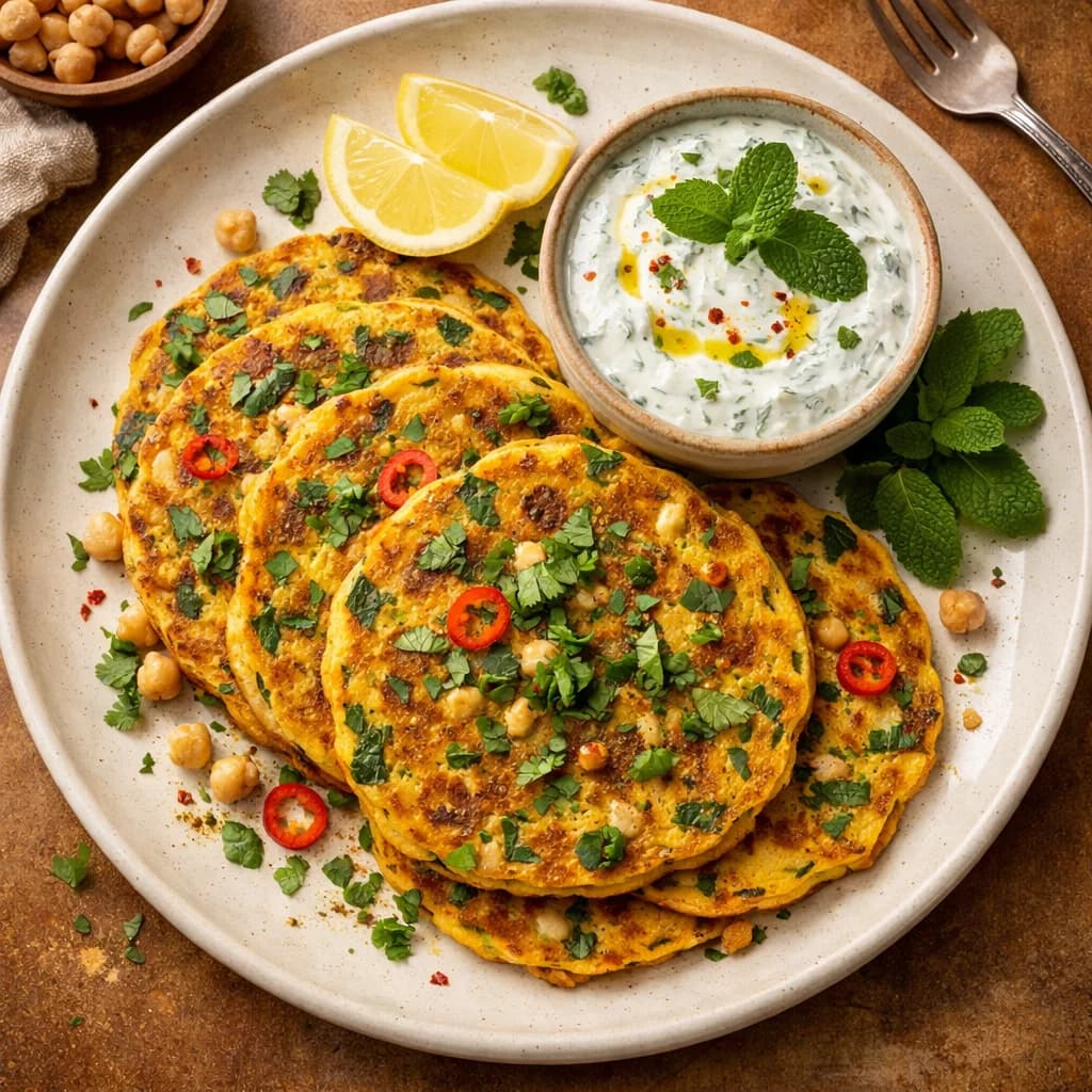 Savory Chickpea Flour Pancakes with Mint Yogurt Dip recipe