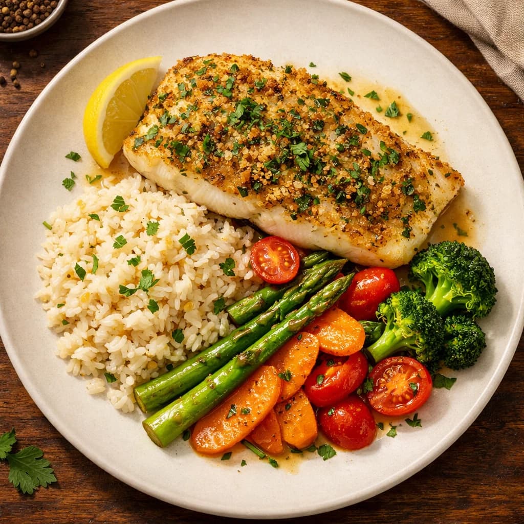 Savory Herb Crusted Fish with Garlic Rice and Sautéed Vegetables recipe