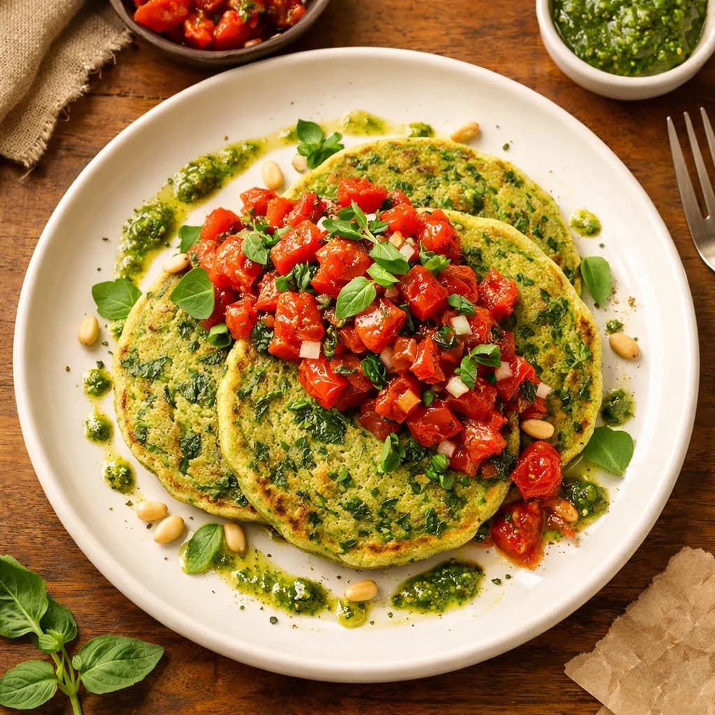 Savory Herbed Protein Pancakes with Roasted Tomato Salsa recipe