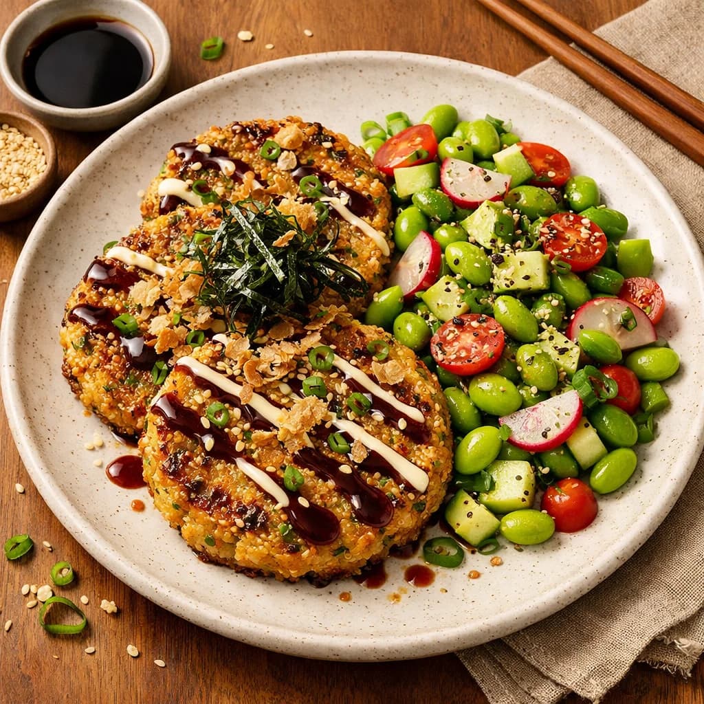 Savory Japanese Quinoa Pancakes with Edamame Salad recipe